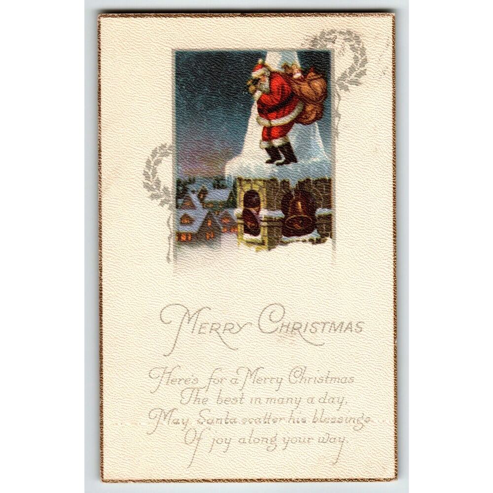 Santa Claus Christmas Postcard Standing On Church Bell Tower Town Village 1922